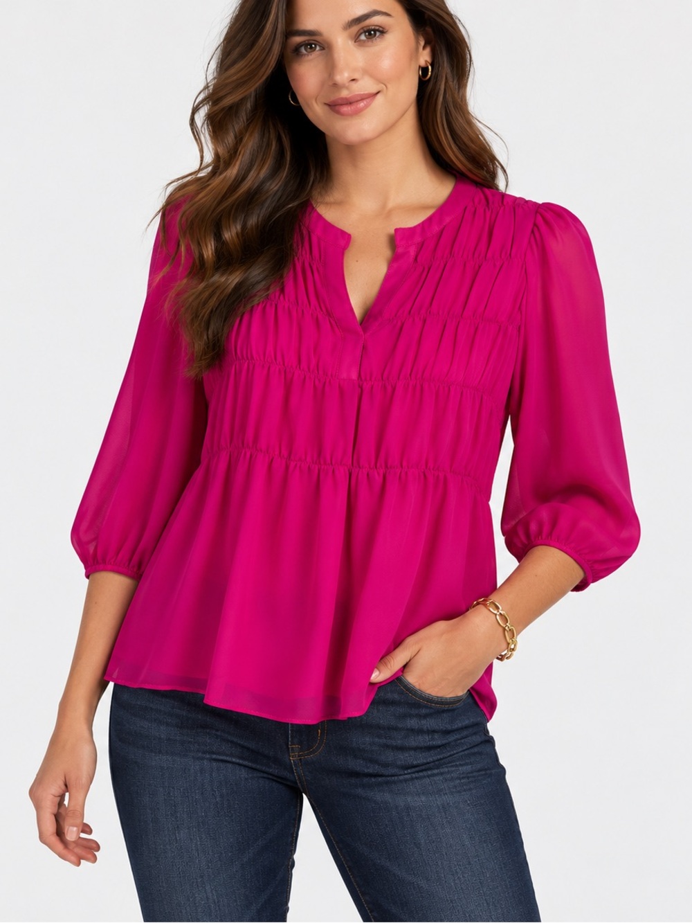 Trina Turk Azalea Blouse Viola Pink Smocked Chiffon Peplum Top Size L Large